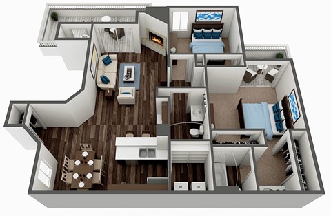 Floor plan for 2 beds, 2 baths, 1107 sqft